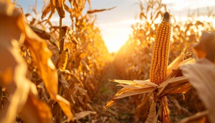 Cornfield at sunset with golden light, and agricultural landscape.
