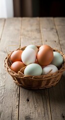 Basket of Assorted Eggs on Rustic Wooden Tabletop with Natural Lighting