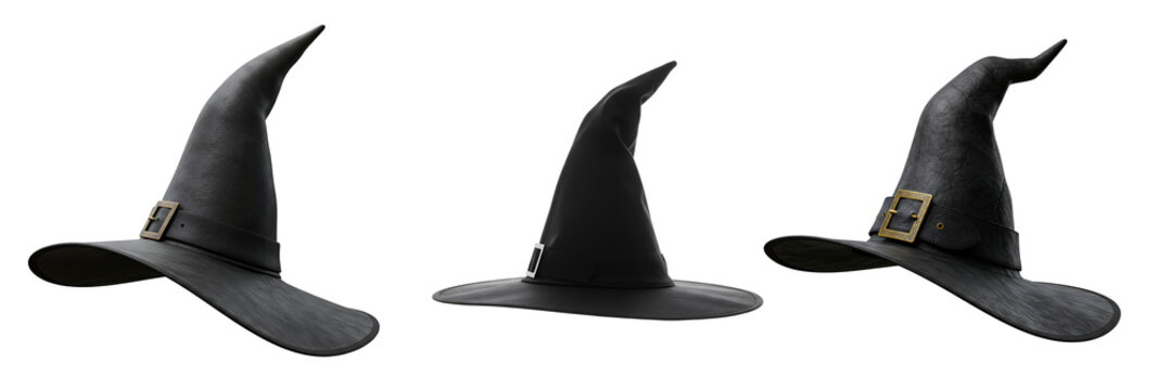 Three distinct black witch hats with buckles showcase magical, spooky, and costume design elements with transparent background - Powered by Adobe