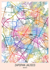 Zapopan Mexico City Map. downtown printable Landmarks print painting, travel art banner modern city, urban city art, background abstract