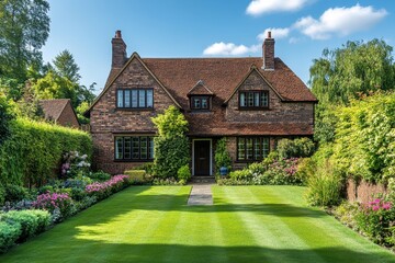 Georgian style family house exterior with roof tiles and dormer windows. Beautiful landscaped front yard with trimmed lawn and flower bed, Generative AI