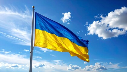 Ukrainian flag waving in blue sky with clouds.