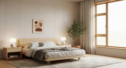 Bedroom Interior Design with Natural Light and Wooden Furniture and Decorative Elements