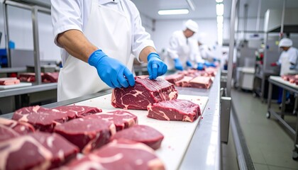 Butcher Processing Raw Meat with Food Factory, and Industrial Kitchen.