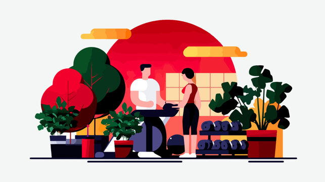 Fitness center interior with people and plants