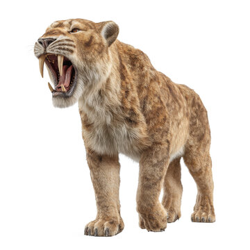 Saber-toothed tiger roaring with large fangs