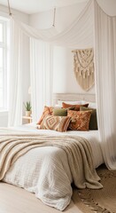 Bohemian Bedroom Interior with Canopy Bed and Decorative Pillows in Soft Light