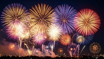 Colorful Fireworks Exploding in Night Sky  Celebration.