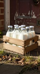 Bottles Of Fresh Milk In A Wooden Crate On A Porch With Sunlight