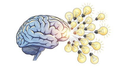Brain Illustration With Light Bulbs Emanating Idea Generation Concept on White Background