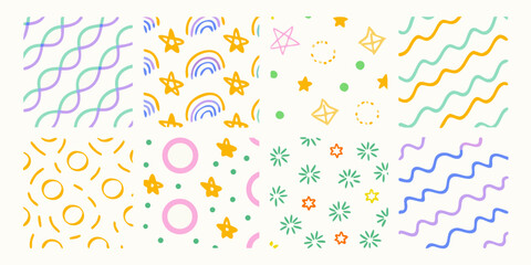 Collection of playful and colorful hand drawn seamless patterns with stars rainbows waves and geometric shapes