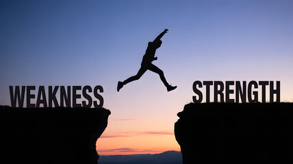 Silhouette leaps from weakness to strength across cliff gap at sunset symbolizing transformation and achievement