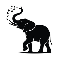Obraz premium Majestic elephant with raised trunk and flock of birds taking flight symbol of nature