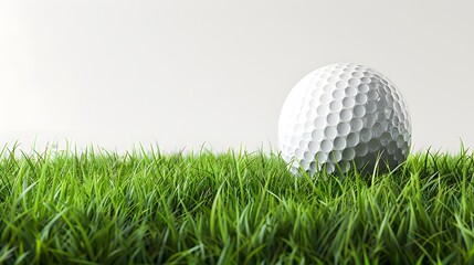 Fototapeta premium A white golf ball sitting in green grass against a plain white background in a close up shot view