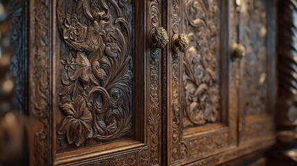 Elaborate woodwork on an antique door highlights detailed carvings of floral and animal motifs, revealing expert craftsmanship from earlier centuries,