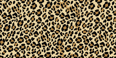 Seamless leopard print pattern with black and tan spots on a light tan background