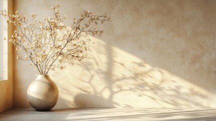Interior background of room with beige stucco wall and glass vase with branch 3d rendering, Generative AI