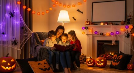 Halloween Family Reading Mother and Three Children Enjoying a Spooky Story by Fireplace