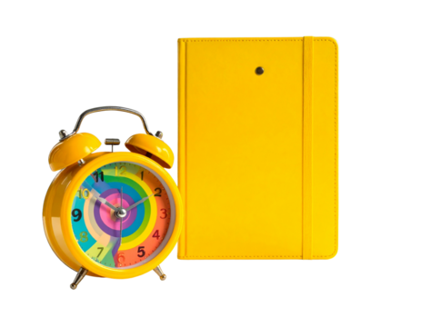 Colorful alarm clock next to yellow notebook isolated on transparent background PNG - Powered by Adobe