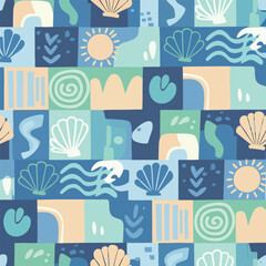 Obraz premium Playful ocean-themed square tile pattern with seashells, sun, and abstract shapes, seamless pattern, Stock royalty free image.