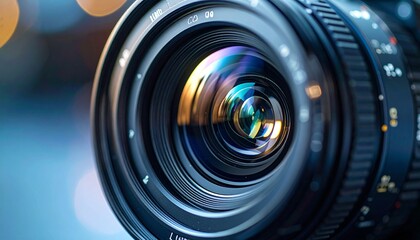 Closeup Camera Lens with Optical Glass, Photography, and Bokeh Background.