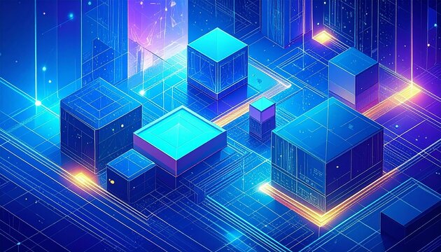 Abstract digital city concept with neon lights and data cubes.