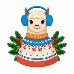 Cute Beige Llama Wearing Blue Ear Muffs and Red Sweater with Pine Branch on a White Background