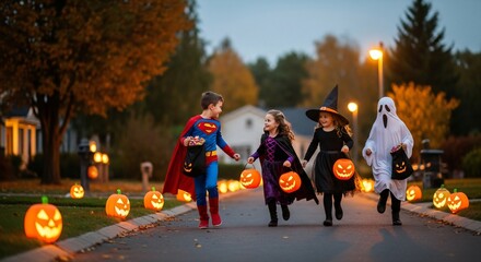 Happy Children Trick or Treating on Halloween Night Cute Costumes Jack o lanterns