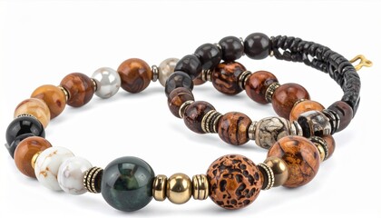 Two Bead Bracelets with Earth Tone Gems and Metal Spacers on White Background