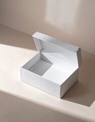 Open White Cardboard Box on Beige Surface with Soft Shadows and Natural Light Highlighting Clean Interior