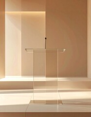 Minimalist Transparent Podium Stand Illuminated by Soft Light on Beige Background