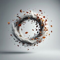 Swirling Circle of Leaves and White Smoke Against a Light Gray Background