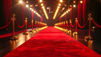 Red Carpet Event with Ropes and Spotlights on Wooden Floor