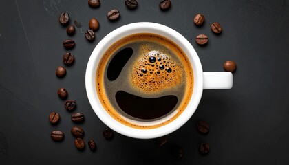 Coffee in white cup with beans on black background.