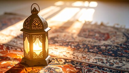 Lantern with candle on rug with sunlight background, Ramadan, and Eid.