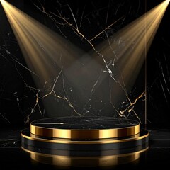 Elegant Black and Gold Podium with Dramatic Spotlight on Marble Texture Background