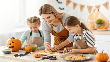 Happy Family Baking Halloween Cookies and Decorating Pumpkins Together in Kitchen