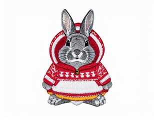 Embroidered Gray Rabbit Wearing Intricate Red White Hooded Sweater on Textured White Fabric Background