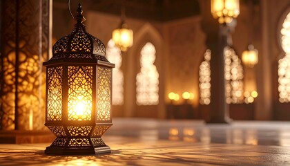Golden Lantern in Mosque with Islamic Architecture.