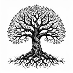 Detailed Black and White Tree of Life with Twisted Trunk and Spreading Roots and Branches on White