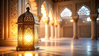 Golden Lantern in Mosque with Islamic Architecture, and Ramadan.