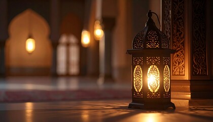 Glowing Ramadan lantern inside mosque with bokeh light.