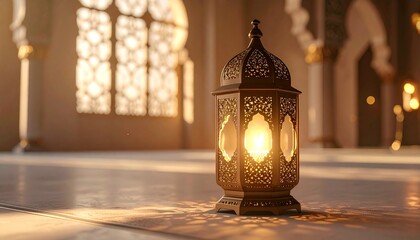 Ornate Lantern Illuminates Mosque Interior with Islamic Architecture.