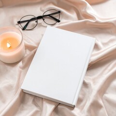 Elegant Still Life White Book with Burning Candle Glasses and Beige Silk Background