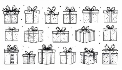 Collection of Black and White Christmas Gifts with Bows and Dotted Decoration in Sketch Style