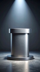 Cylindrical Metal Display Stand Under Spotlight on Dark Gray Textured Floor