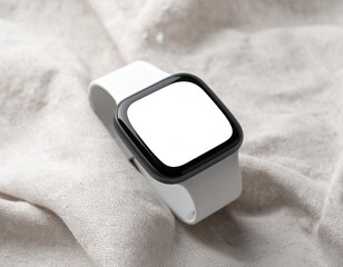 Smartwatch with Blank Screen on Beige Textured Fabric Background Top View