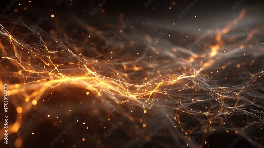 Wall mural abstract orange light network with glowing particles and flowing wires in dark background