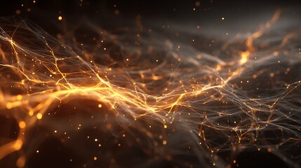 Obraz premium Abstract Orange Light Network with Glowing Particles and Flowing Wires in Dark Background