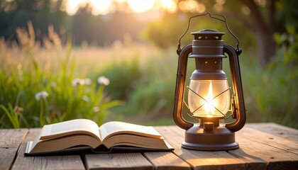 Oil Lamp  Book on Wood Table at Sunset with Outdoors.